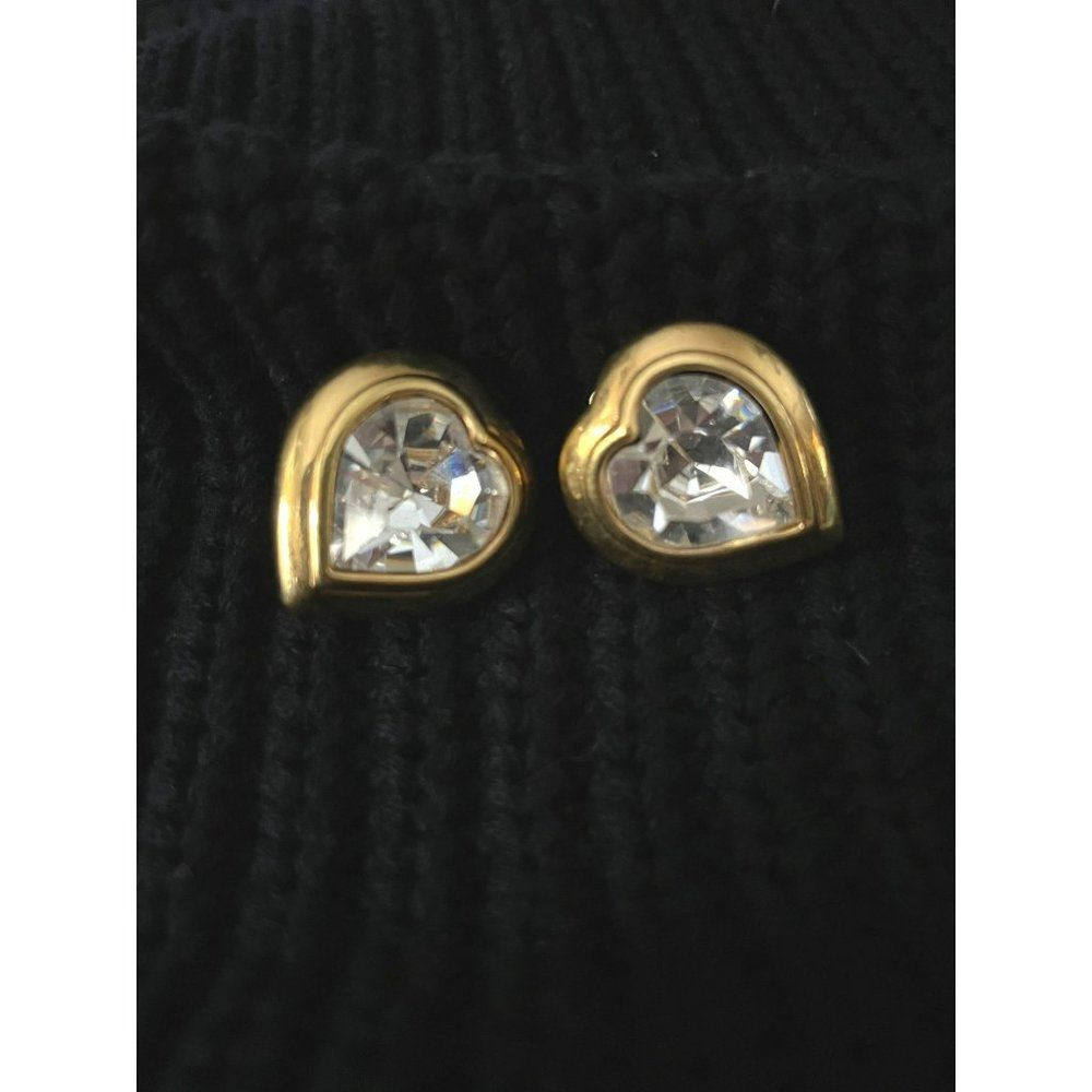 Stunning Vintage 1980's Heart Crystal Glass Gold Plated Clip On Earrings Designe